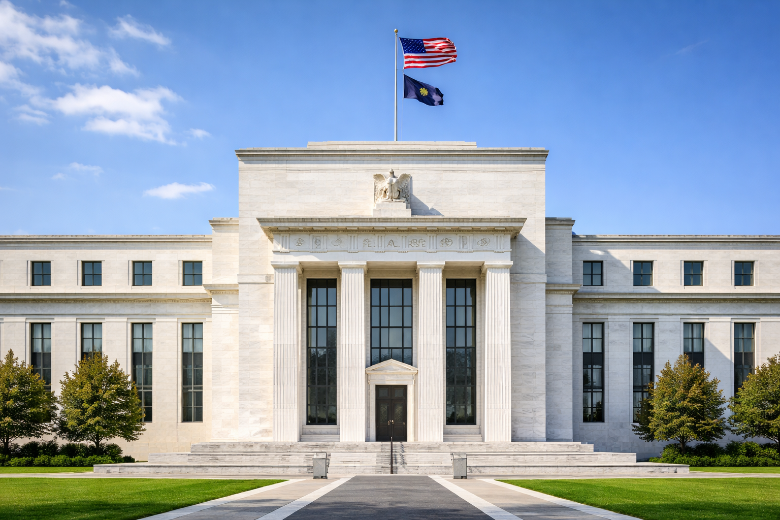Federal Reserve building in Washington DC during inflation policy announcement